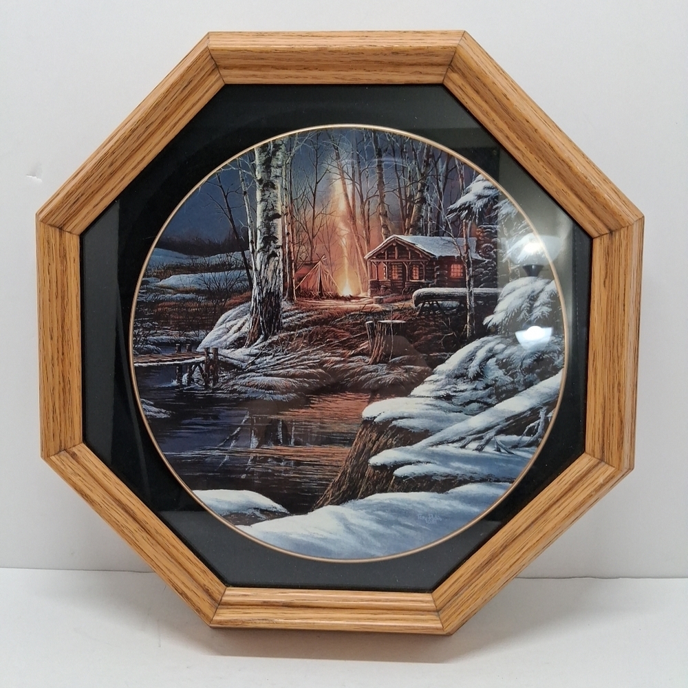 Winter Cabin Scene Octagonal Framed Art